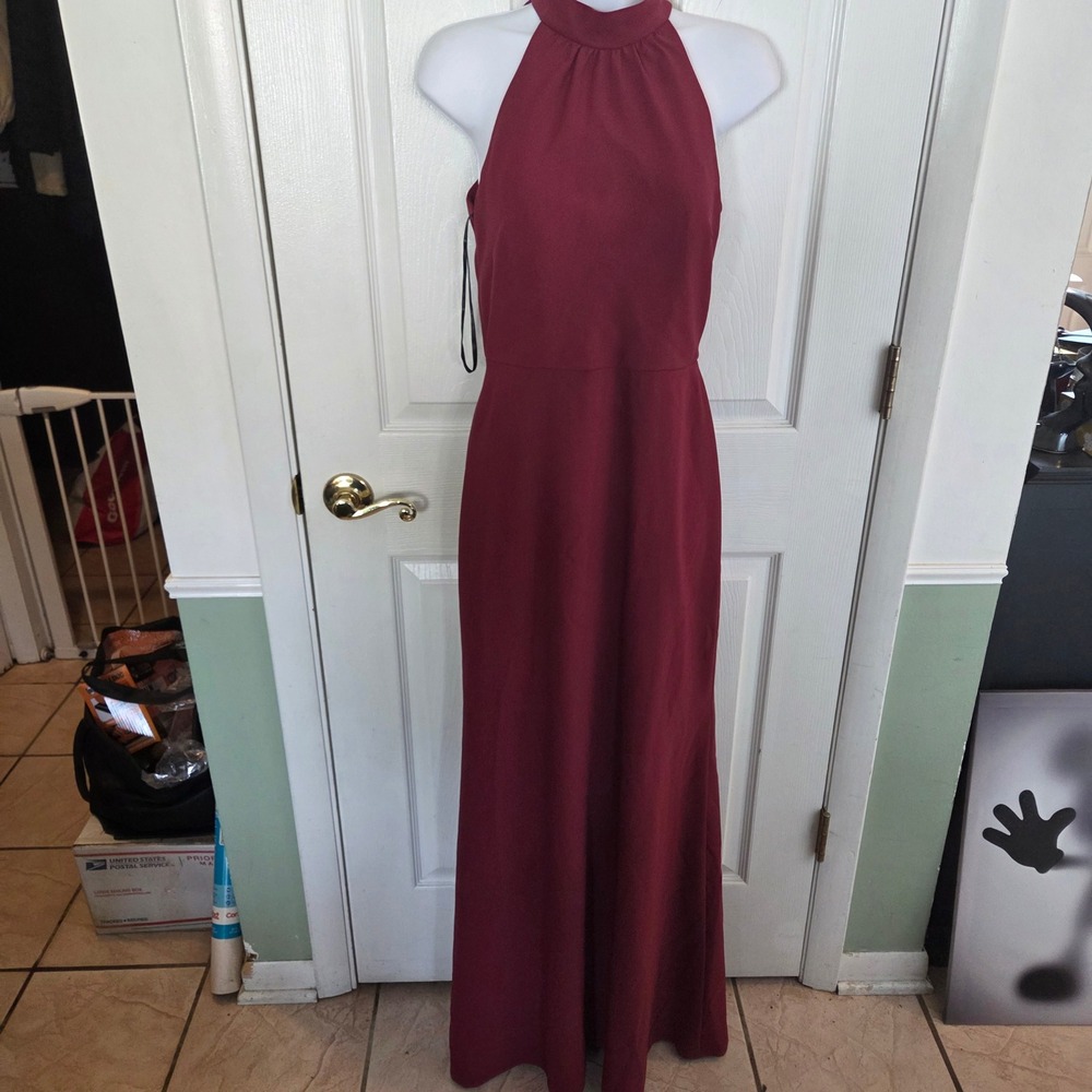 Jenny Yoo Burgundy Halter Bow Back Formal Maxi Gown Brett Dress Size 2 Wedding
